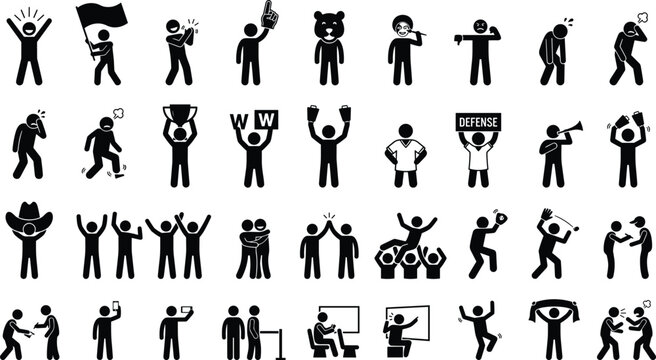 Set of black stick figure icons showing people cheering and celebrating sports events with flags trophy foam fingers and happy fans making gestures in a stadium sports arena