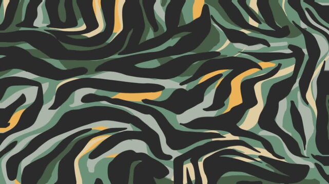 Abstract Swirling Jungle Pattern with Gold and Green Wavy Lines on Dark Background