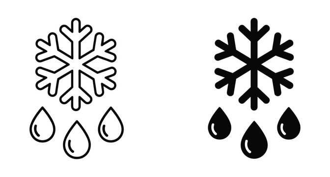 Snowflake and water drops icon set representing sleet freezing rain winter weather conditions in outline and solid black styles
