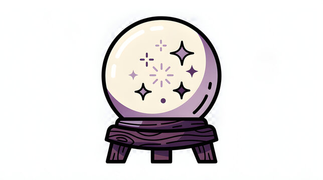 Magic crystal ball on wooden stand with shining stars vector illustration