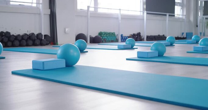 Camera is pulling back and revealing blue mat with foam block and ball, showing studio setup