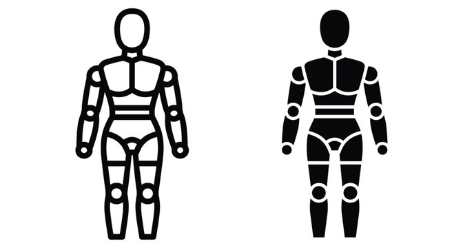 Human mannequin robot icon set with outline and solid glyph styles representing anatomy android technology cyborg figure and jointed body