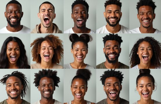 Collage of multiracial people portraits showing diverse human emotions. Multiethnic group men women faces express happiness joy laughter surprise wide smiles. People headshots show variety
