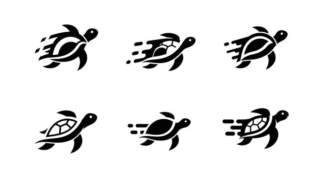 Six black turtle icons running fast in a white background illustration