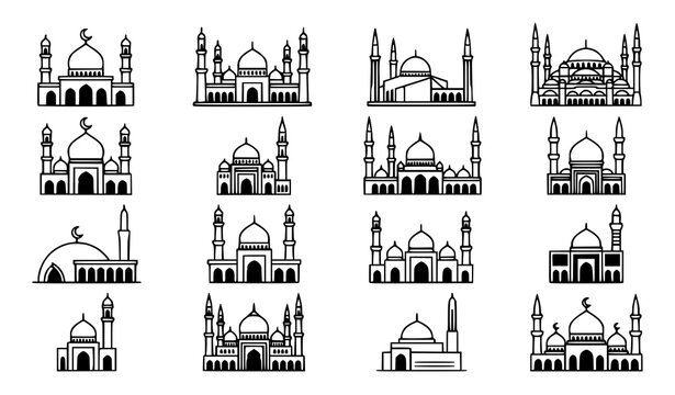 Islamic Mosque Landmark Outline Collection with Famous Architecture and Religious Building Vector Icons