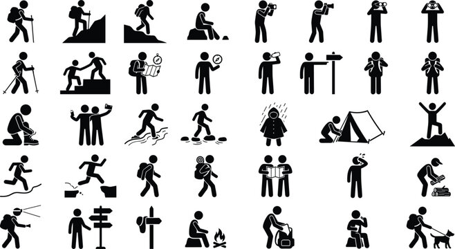 Set of black stick figure icons showing people hiking camping exploring outdoors with backpacks tents maps and binoculars for adventure lifestyle and nature activity concepts