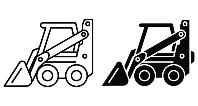 Skid steer loader icon set featuring outline and solid black versions of compact construction machinery for industrial and building projects