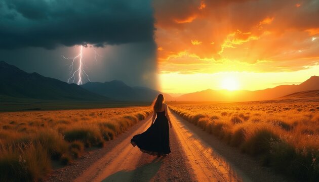 Woman stands at road split between stormy dark sky and bright sunset. She chooses sunny path forward. Nature landscape illustrates life choice.