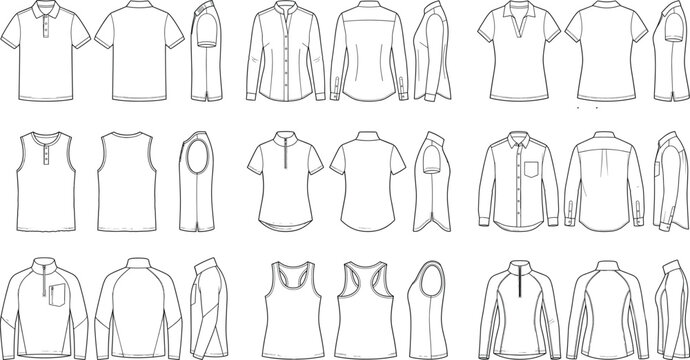 Apparel fashion technical flat sketches of men and women shirts vector line art template collection
