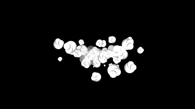 Cartoon explosion, hand drawn smoke burst animation, white comic dust cloud fx, alpha channel, transparent background, 4k motion graphics overlay, dynamic blast transition effect