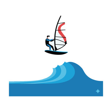 Dynamic flat design windsurfer in a wetsuit soaring above a stylized wave, isolated on white. Summer water sport concept