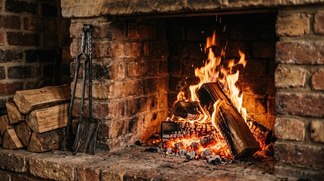 Rustic Masonry Fireplace with Glowing Embers and Natural Firewood