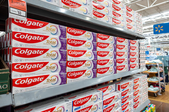 Boxes of Colgate Total 12 toothpaste, by Colgate Palmolive, on supermarket shelves for retail sale. Jalisco, Mexico, July 20, 2026.