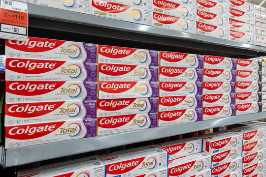 Boxes of Colgate Total 12 toothpaste, by Colgate Palmolive, on supermarket shelves for retail sale. Jalisco, Mexico, July 20, 2026.