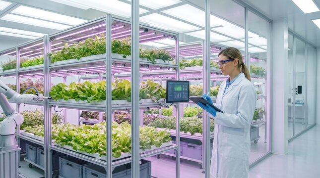 Scientist using a tablet to monitor plant growth in an indoor vertical farm