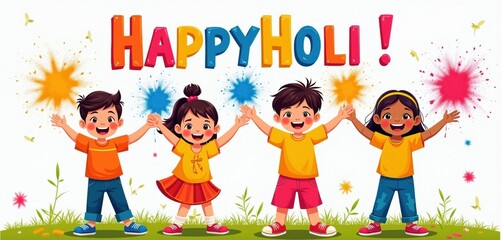 Fototapeta premium Diverse kids celebrate Holi festival throwing colored powder. Happy children play with bright paint splashes joyfully. Festive spring celebration outdoors joy, fun, togetherness event.