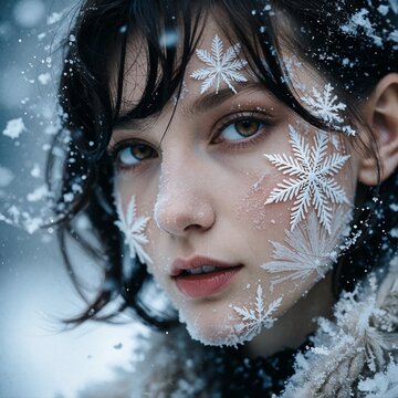 Winter Snowflakes on Beautiful Woman Face Portrait Cold Weather Beauty