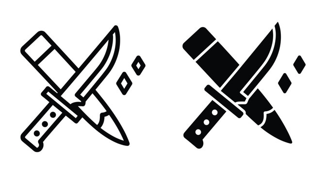 Hunting knife and sheath icon set with sharp blade handle and scabbard for camping survival outdoor adventure gear equipment symbol
