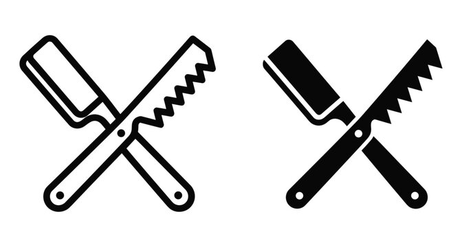 Barber shop icons featuring crossed straight razor and thinning shears in outline and solid black silhouette styles for grooming salon