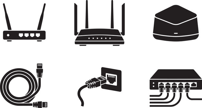 Black and white vector icons of network equipment, internet routers, ethernet cables, and switch hubs
