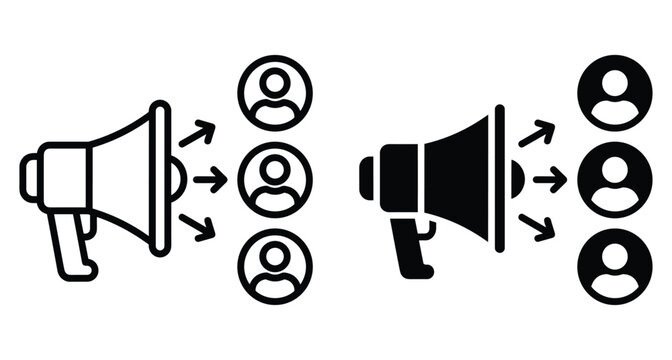 Megaphone icons broadcasting messages to audience members with arrows representing communication marketing strategy and public announcement in outline and solid styles
