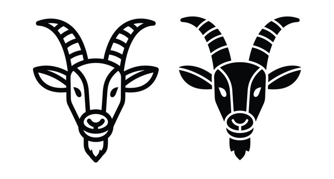 Goat head icon set with horns and beard in outline and solid black style for farm animal logo design branding