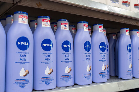 Bottles of Nivea body lotion, by Beiersdorf, on supermarket shelves for retail sale. Jalisco, Mexico, July 20, 2026.