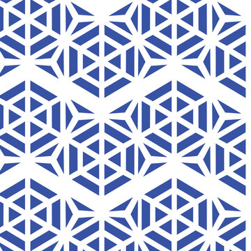 Crystalline-style repeating pattern, interconnected hexagonal motifs, geometric shapes, trapezoids, stylized snowflake or 3D cube illusions, isometric grid pattern, structure, depth, and symmetry, 