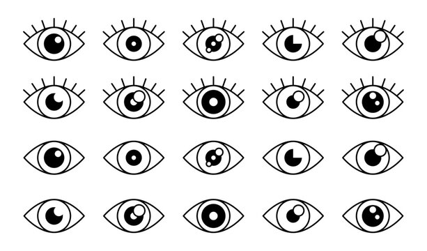 20 iconos de ojos para interfaces que representan visi&oacute;n, observaci&oacute;n y visibilidad, estilo l&iacute;nea