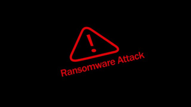Critical ransomware attack warning alert sign featuring a pulsing red warning triangle and bold text on a stark black background, representing cybersecurity threats, and digital data, security 