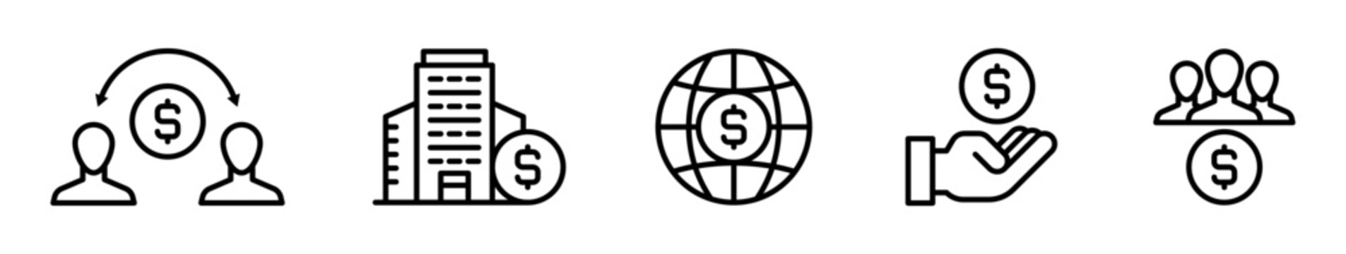 5 iconos de finanzas para negocios que representan transacciones, pagos y gesti&oacute;n monetaria, estilo l&iacute;nea