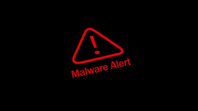 Digital malware alert warning sign flashing on dark background, representing cybersecurity threat, protection and computer, virus detection for, network security software, and data privacy protection