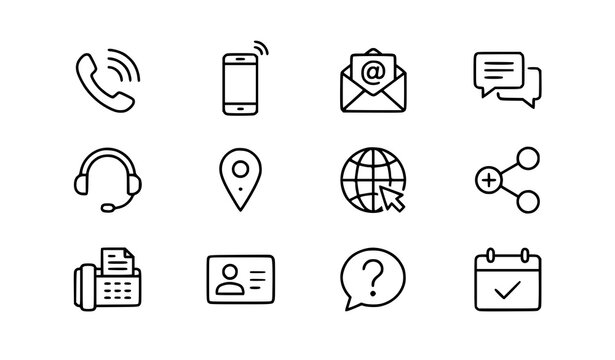 Modern contact information outline icons with phone email and support symbols