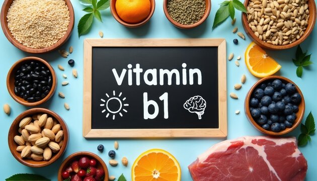 Assortment of healthy food rich in vitamin B1 arranged on light blue surface. Wooden bowls contain legumes seeds nuts grains plus fresh berries, raw pork meat. Black chalkboard with white text labels