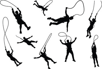 Skydiving and bungee jumping silhouette set, extreme sports skydiver jumping with rope isolated vector © UK