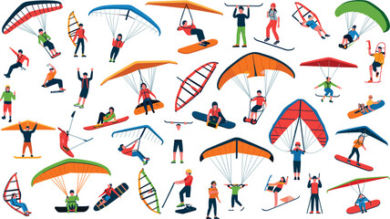Paragliding and hang gliding extreme sports character set, active people flying in sky isolated vecto © UK