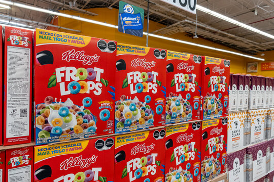 Boxes of Froot Loops cereal, by WK Kellogg Co, on supermarket shelves for retail sale. Jalisco, Mexico, July 20, 2026.