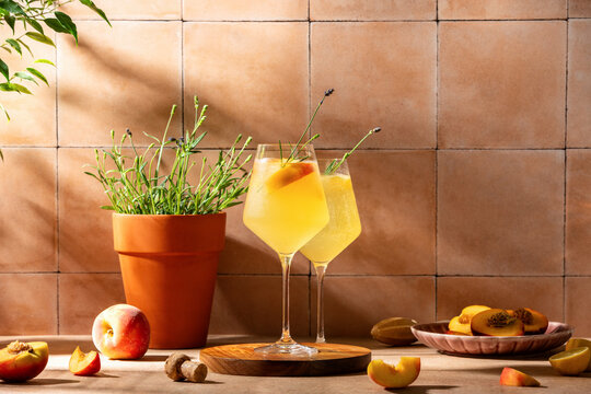 Peach lavender sparkling wine cocktail