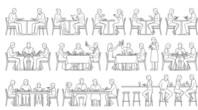 Architectural scale figures of people dining in restaurant and cafe line art vector illustration collection