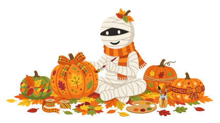 Fototapeta premium Cute Mummy Decorating Pumpkins for Autumn and Halloween