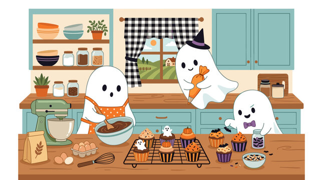 Cute ghosts baking Halloween cupcakes in a cozy kitchen