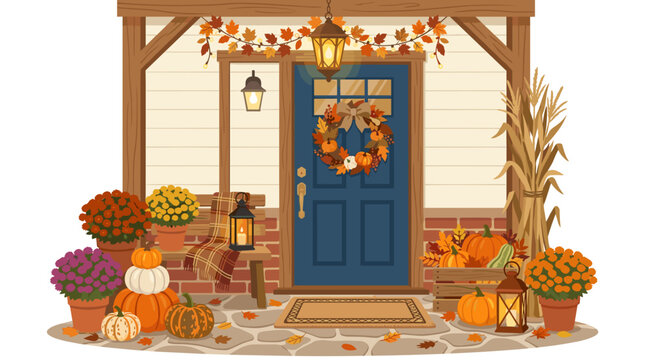 Cozy Autumn Porch Decoration with Pumpkins Wreath and Mums