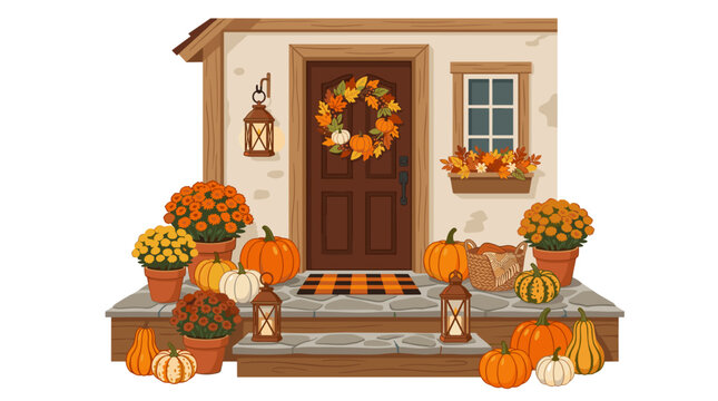 Autumn porch decoration with pumpkins mums and fall leaves wreath