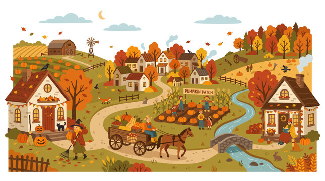 Autumn Harvest Village Scene with Pumpkin Patch and Farmhouse