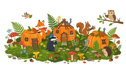 Naklejka premium Cute woodland animals building homes from pumpkins in autumn forest
