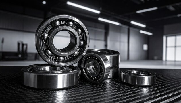 Close-up of precisely engineered steel ball bearings arranged on a textured surface, showcasing mechanical components