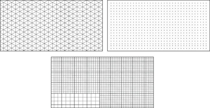 Architectural technical drawing papers collection featuring isometric grid graph paper and dot grid textures vector set