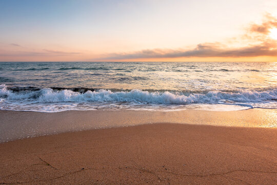 black sea landscape on a summer morning. bulgaria nature landscape with sandy beach. summer vacation at the sea shore concept. calm waves and empty beach. remote vacation scene