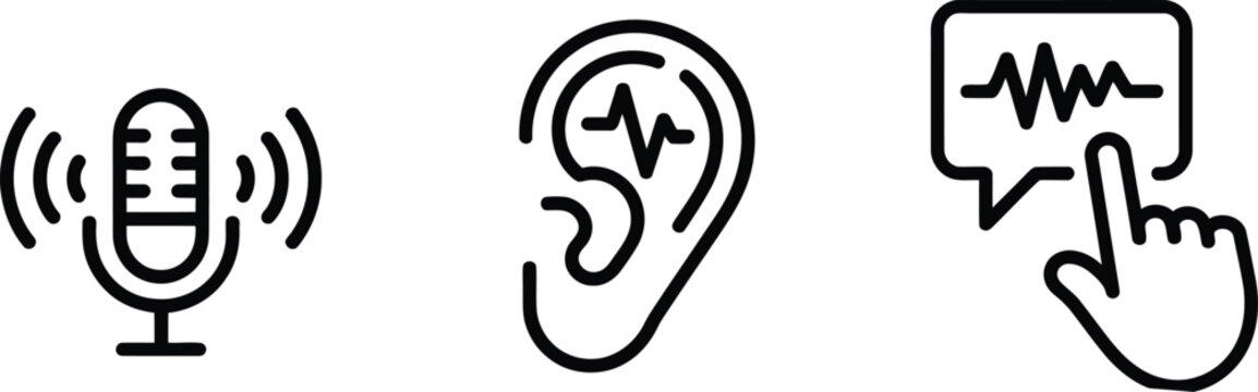 Voice search icon featuring auditory AI, microphone, speech recognition, screenless interaction, communication, and modern user interface vector styles.