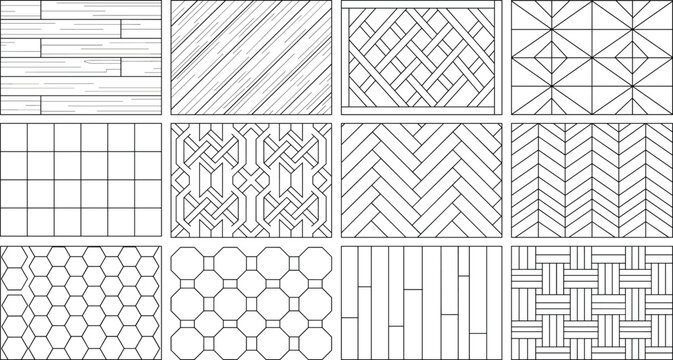 Architectural technical hatches of parquet flooring and paving material patterns vector line art collection
